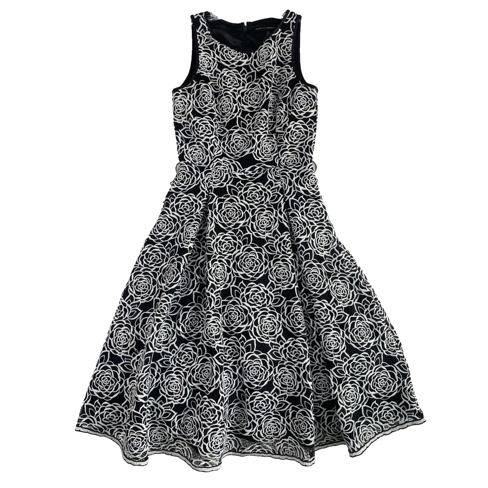 White House Black Market Midi Dress 2 Black Embroidered Flare Dressy Party